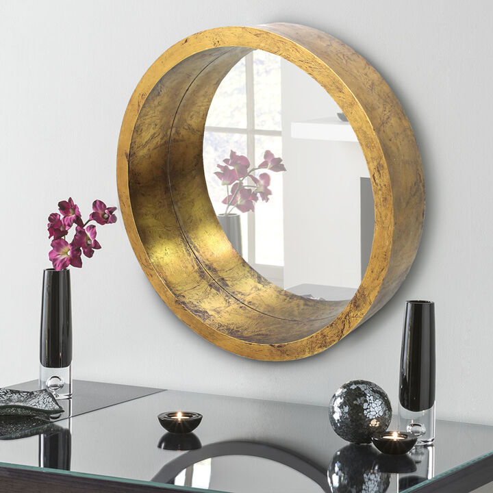 Rustic Style Wall Mirror with Round Tray Shape Frame, Gold and Silver-Benzara