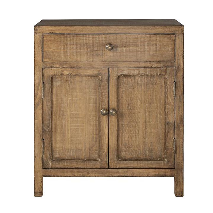 Lia Small Accent Cabinet, 2 Door, Drawer, Antique Style Natural Wood - Benzara