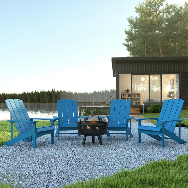 Flash Furniture 5 Piece Commercial Charlestown Adirondack Chair Set with Fire Pit - 4 Blue Poly Resin Wood Chairs - Star and Moon Fire Pit with Mesh Cover