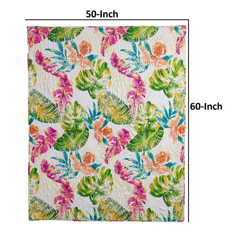 Porto 60 Inch Throw Blanket, Tropical Palm Leaves, Vibrant Green, Blue-Benzara