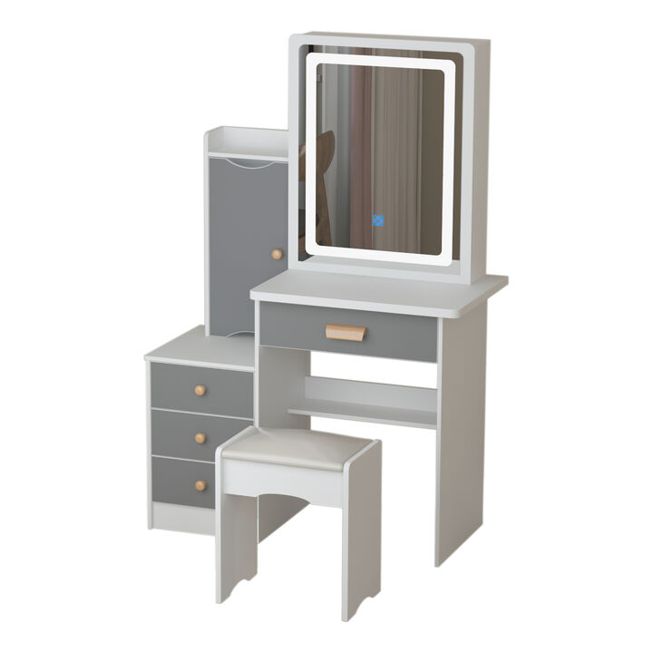 4-Drawers Wood Makeup Vanity Sets Dressing Table Sets in White with Stool, Mirror, LED Light and Storage Shelves