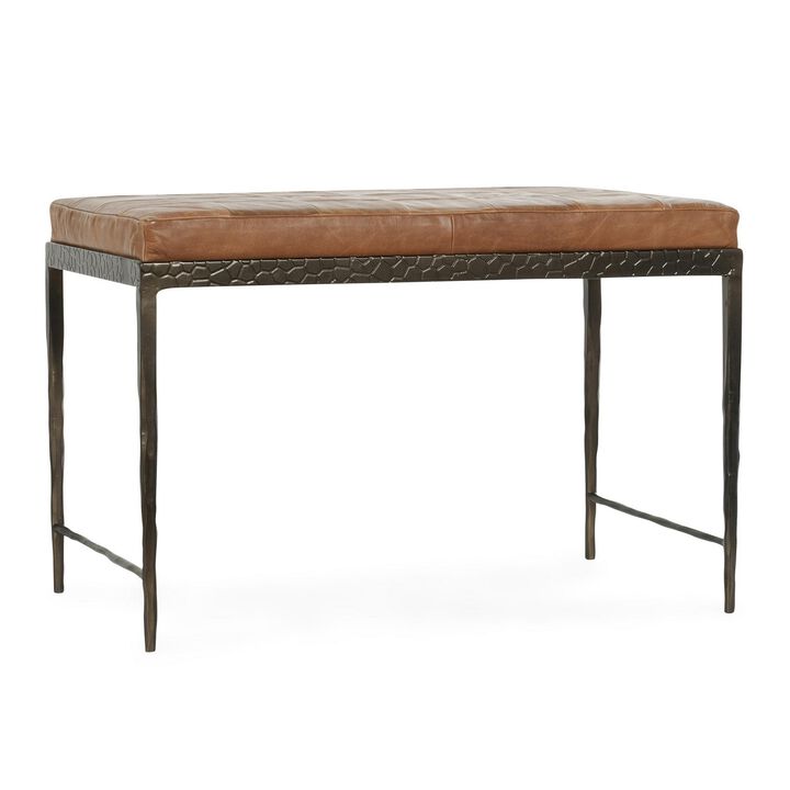 Jora Ottoman Bench, Chestnut Brown Patchwork Leather, Iron 28 Inch - Benzara