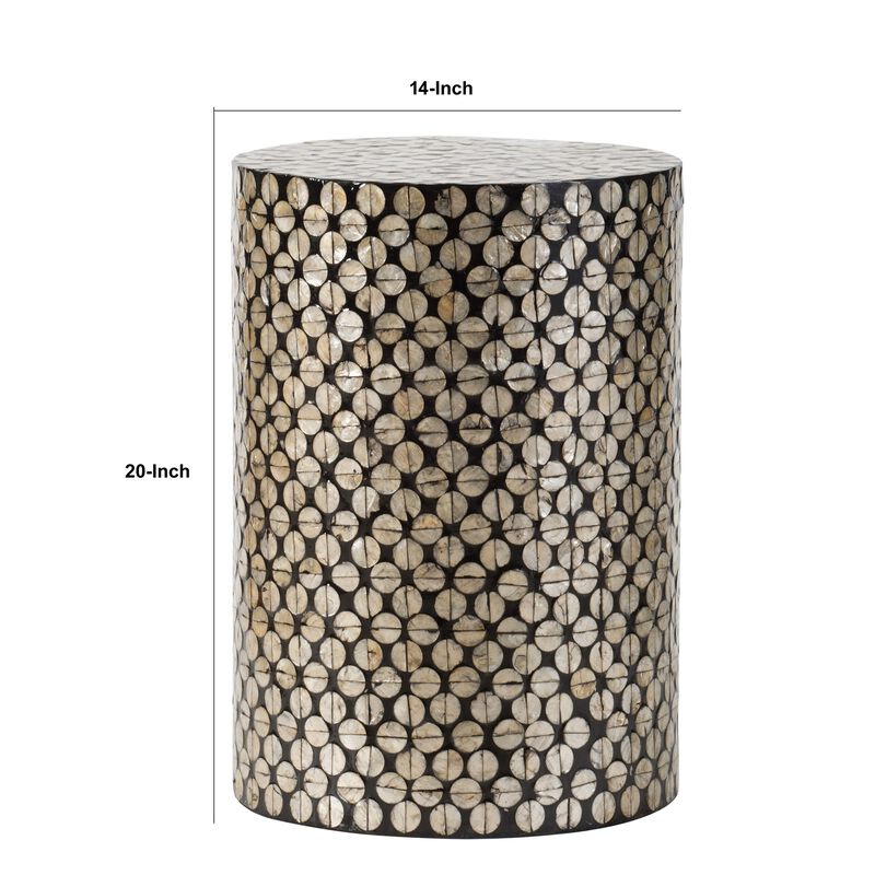 20 Inch Stool Table, Round Wood Design, Modern, Capiz Inlay, Black, White - Benzara
