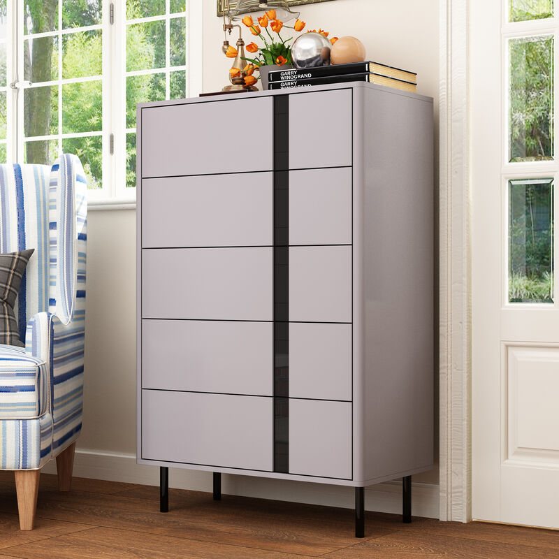 FUFU&GAGA Modern Gray Dresser with 5 Drawers, P2 MDF with Black Glass Accents (31.5" W x 47.2" H x 15.7" D), Gray
