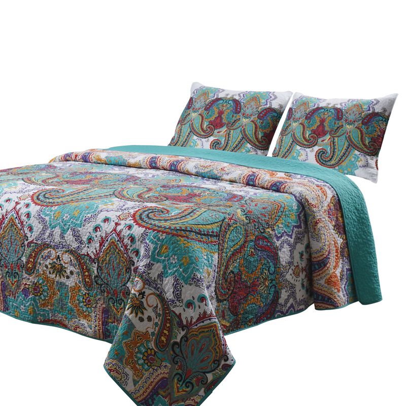 3 Piece Queen Size Cotton Quilt Set with Paisley Print, Teal Blue - Benzara