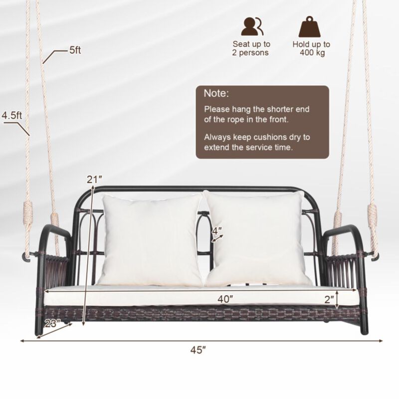Hivvago 880LBS Wicker Hanging Porch Swing with Cushions-White