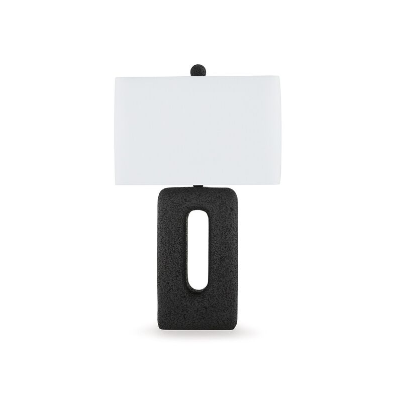 27 Inch Table Lamp Set of 2, Black Rectangular Cutout Base, Fabric Shade - Benzara