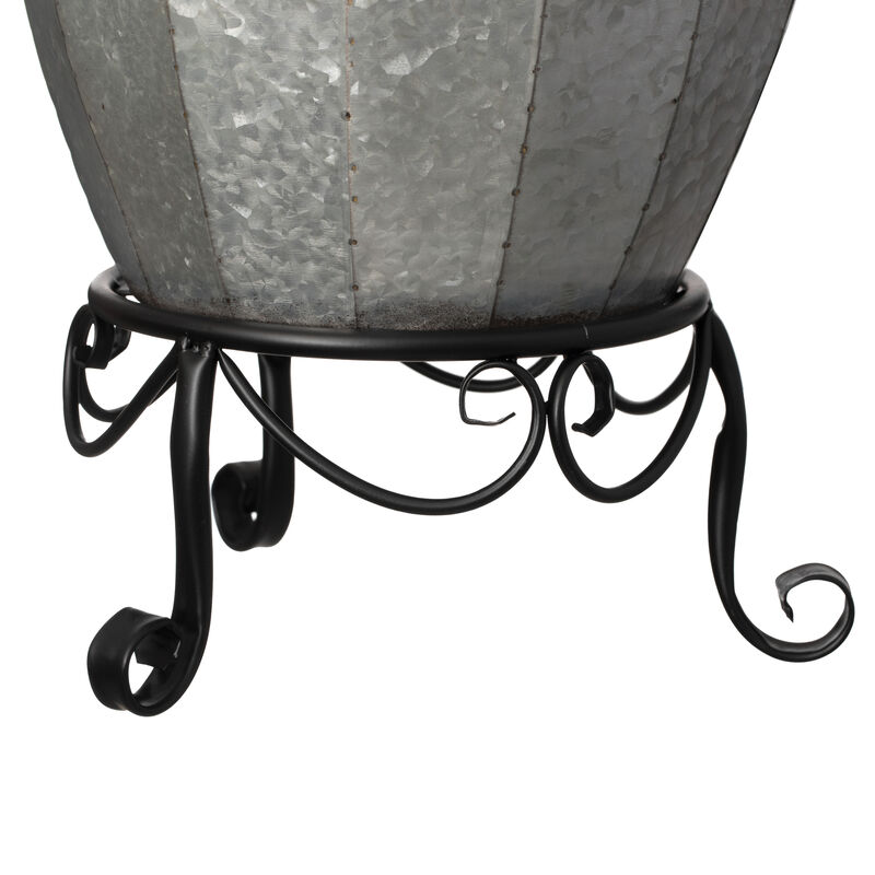 Rustic Silver Galvanized Barrel Shape Planter and Vase with Metal Stand