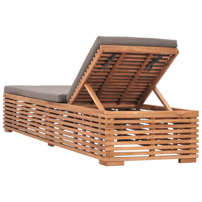 vidaXL Teak Wood Sun Lounger with Adjustable Backrest and Comfortable Dark Gray Cushion, Weather Resistant Outdoor Patio Furniture