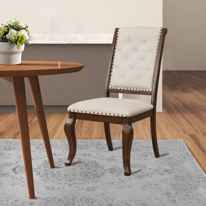 Doe 22 Inch Dining Chair, Set of 2, Soft Cream Fabric, Deep Button Tufting - Benzara