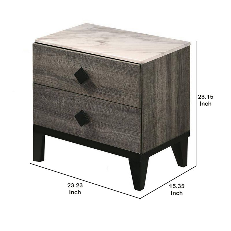 2 Drawer Wooden Nightstand with Grains and Angled Legs, Gray - Benzara