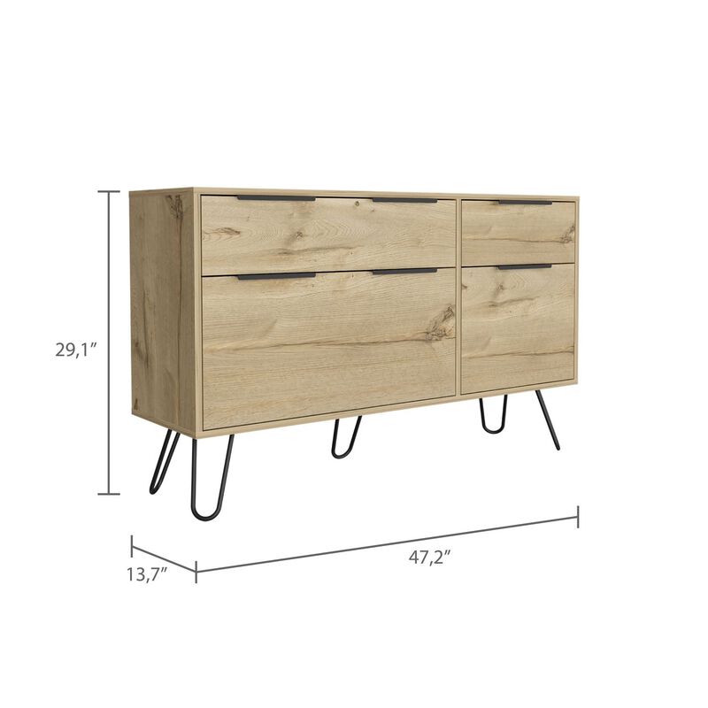 DEPOT E-SHOP Begonia Double Dresser, Four Drawers, Superior Top, Hairpin Legs, Light Oak
