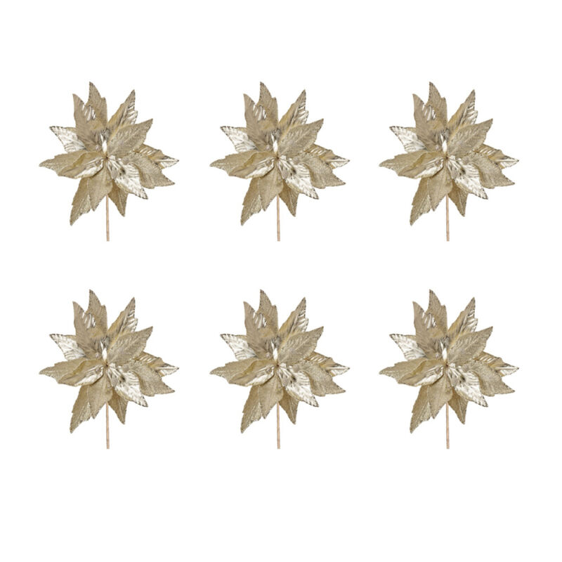 Glittered and Metallic Poinsettia Artificial Flower Stem for Holiday Décor (Set of 6)