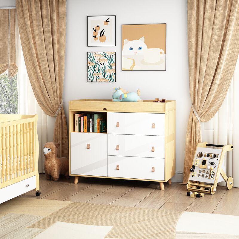 4-Drawer Brown Wood 44.9 in. W Kids Low Dresser Storage Organizer Cabinet With Changing Table Open Shelf
