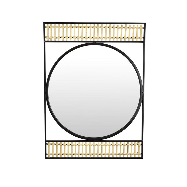 Zine Mirror Wall Decor, Round Glass, Woven Border, 19 x 27 Black Metal - Benzara