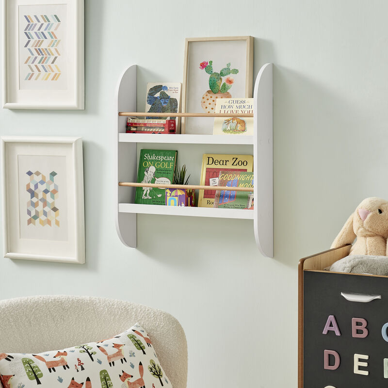 Steiner White Rounded Contemporary 2-Tier Kids Book or Magazine Storage Wall-Mount Bookcase with Contrasting Wood-toned Rods