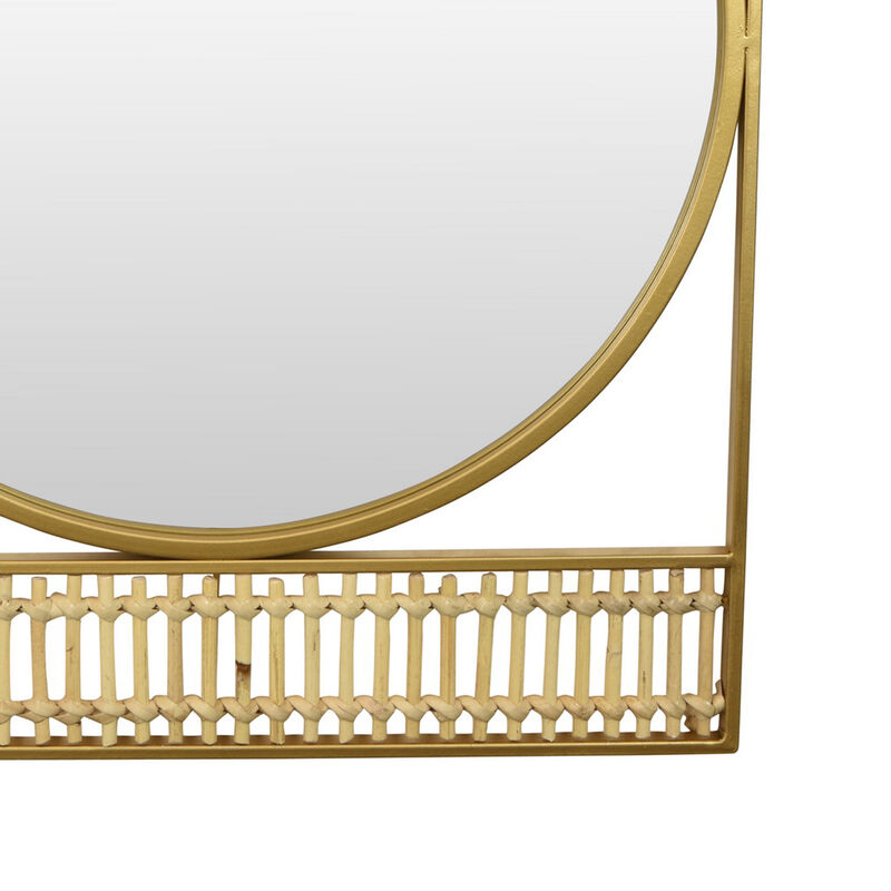 Zine Wall Mirror Decor, Round Glass, Woven Border, 19 x 27 Gold Metal - Benzara