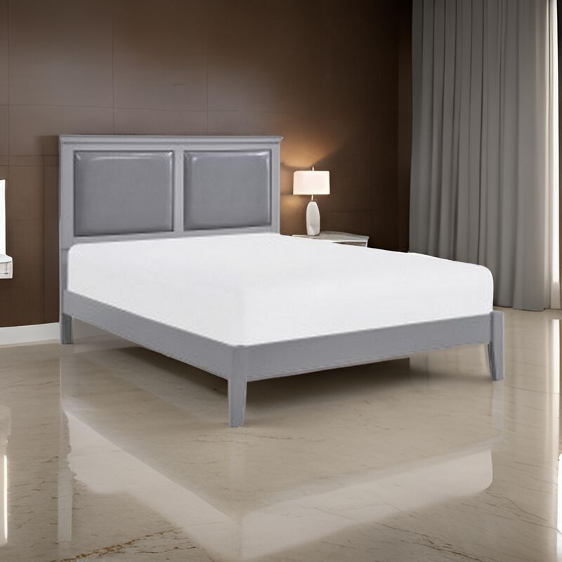 Brite Queen Size Bed, Gray Faux Leather Upholstered Headboard, Low Profile - Benzara