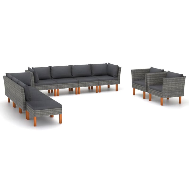 vidaXL 10 Piece Garden Lounge Set Poly Rattan and Eucalyptus Wood Gray