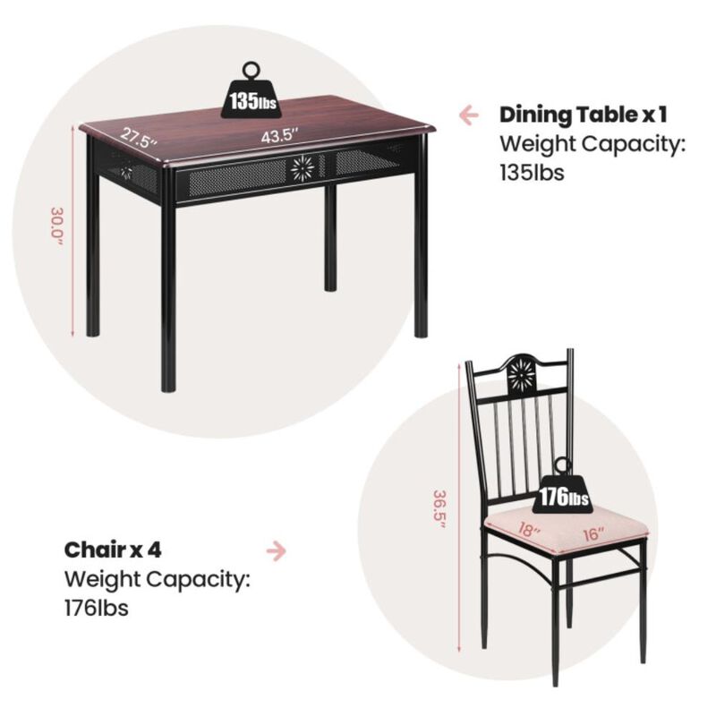 Hivvago 5 Pieces Dining Set Wood Metal Table and 4 Chairs with Cushions