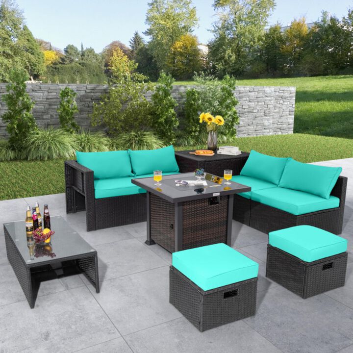 Hivvago 9 Pieces Patio Furniture Set with 32" Fire Pit Table and 50000 BTU Square Propane Fire Pit