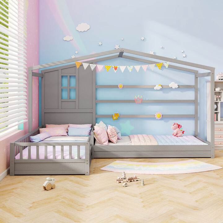 L-shaped Double House Platform Beds with Fences Corner Bed Frame