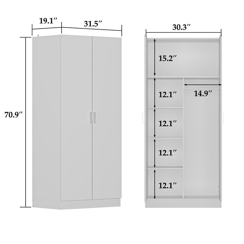 White Finish 2-Doors Armoire with Hanging Rod and 5-Storage-Shelves 71 in. H x 31.5 in. W x 15.7 in. D