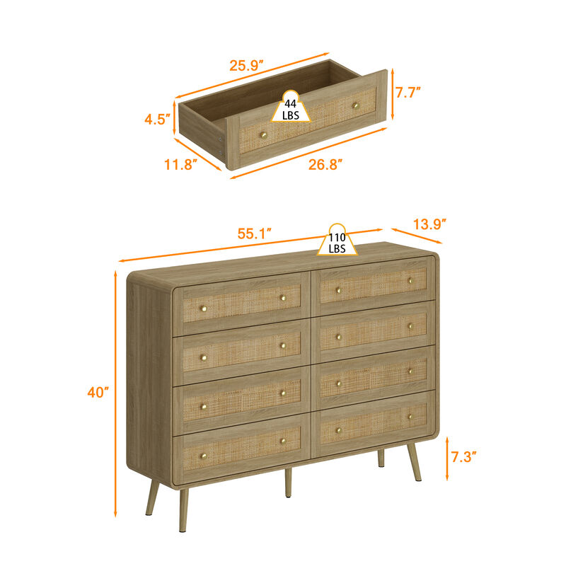 FUFU&GAGA Modern Rattan Dresser with 8 Drawers, PB Board with Gold Accents (55.1" W x 40" H x 13.9" D), Oak
