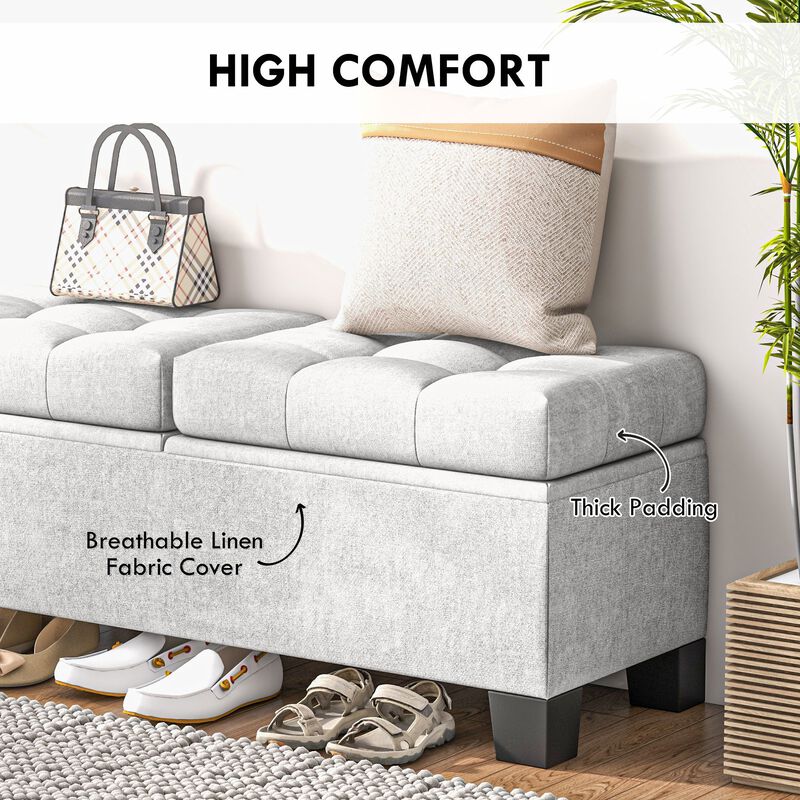 46" Cream Storage Ottoman: Button Tufted, Steel Frame