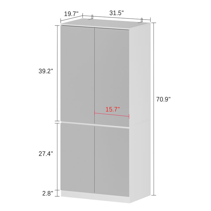 White High Gloss Mirrored Doors 31.5 in. W Wardrobe Armoires W/Mirror Doors, Hanging Rod 70.9 in. H x 15.7 in. D