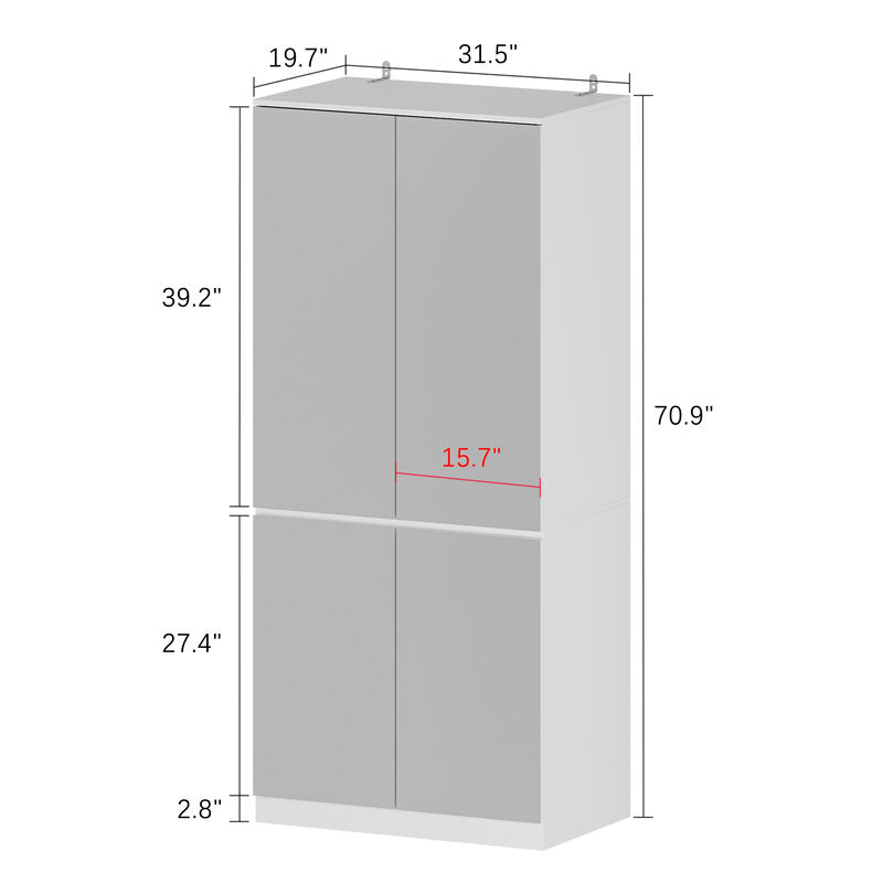 White High Gloss Mirrored Doors 31.5 in. W Wardrobe Armoires W/Mirror Doors, Hanging Rod 70.9 in. H x 15.7 in. D