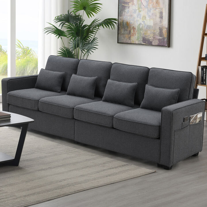 Sofa With Armrest Pockets And 4 Pillows, Minimalist Style