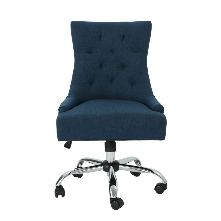 Ovi Swivel Office Chair, Navy Blue Fabric, Tufted Back, Rolling Wheels -Benzara
