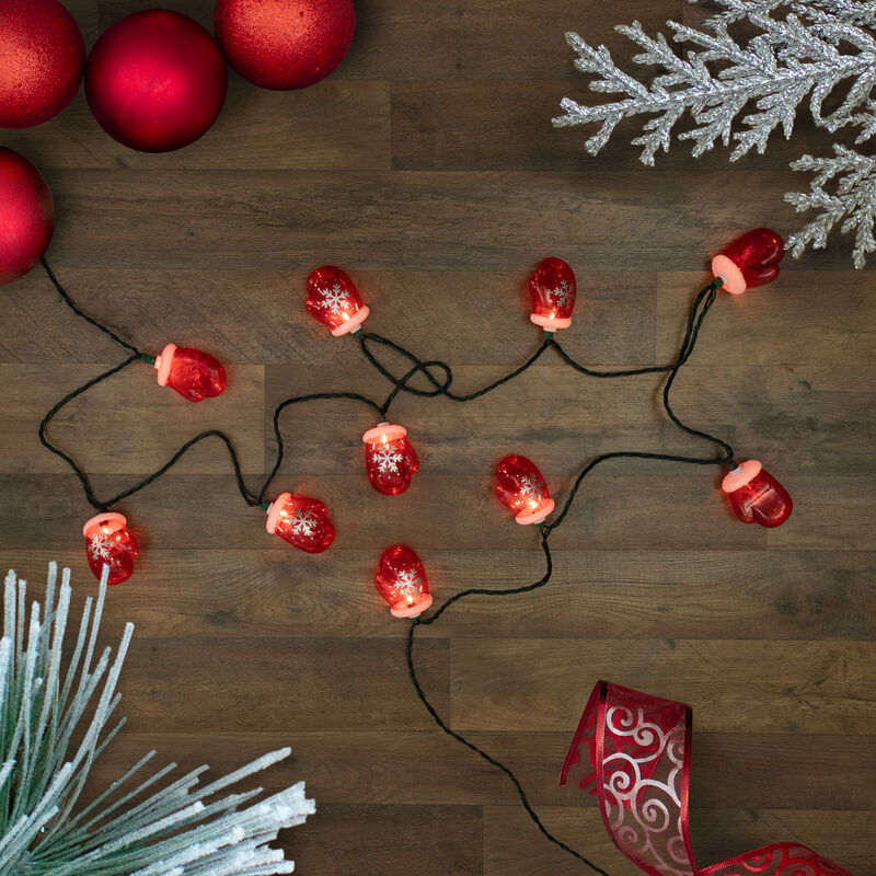 10 Count Red Snowflake Mitten Christmas Light Set  7.5ft Green Wire