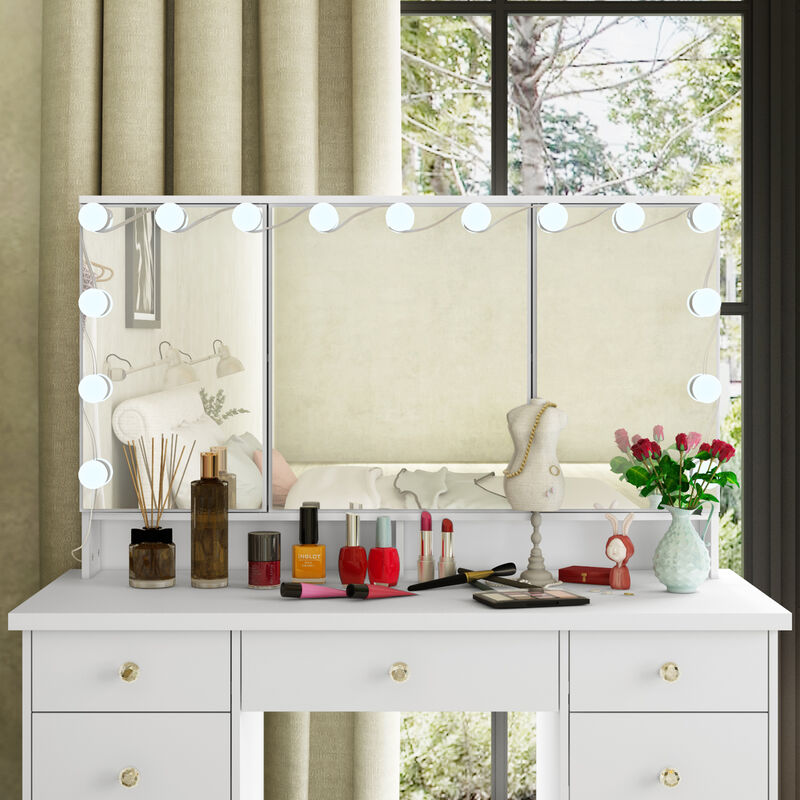 White Modern Makeup Vanity Desk 9 Drawers Wood Dressing Table With 3 Mirrors, Hidden Storage Shelves, LED Bulb Lights