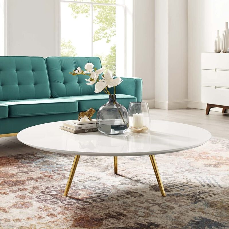Modway Lippa 47" Mid-Century Modern Round Coffee Table with Tripod Base in Gold White