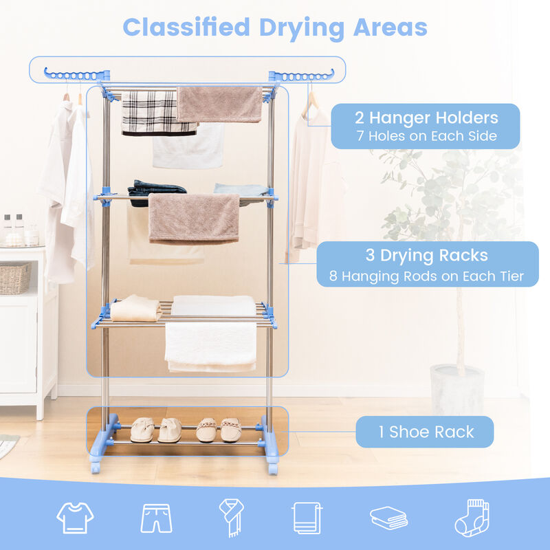 4-tier Folding Clothes Drying Rack with Rotatable Side Wings-Blue and Silver