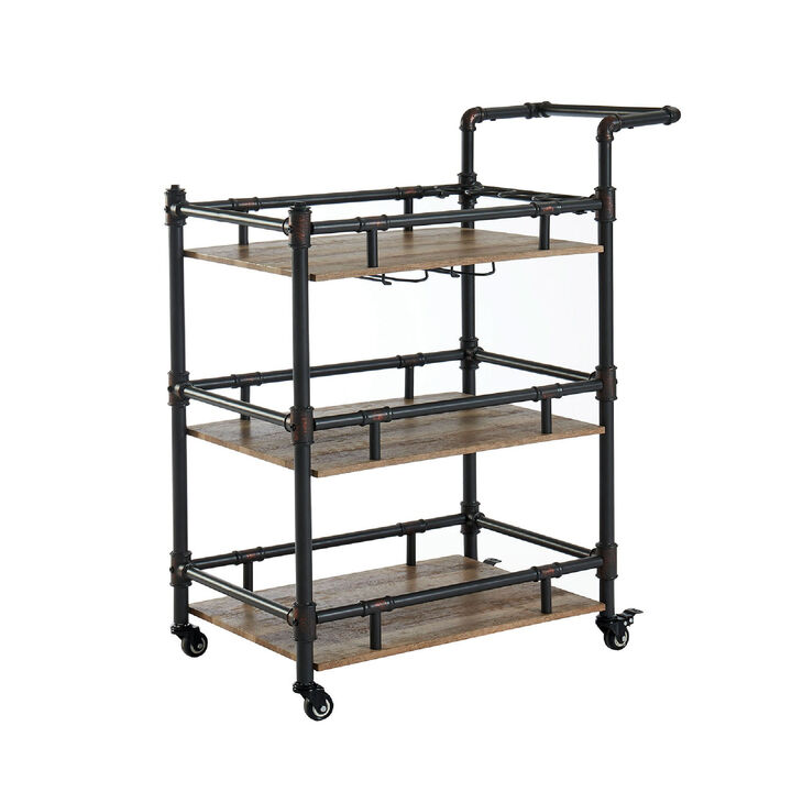 Rustic Three Tier Wood and Metal Serving Cart, Black and Brown - Benzara