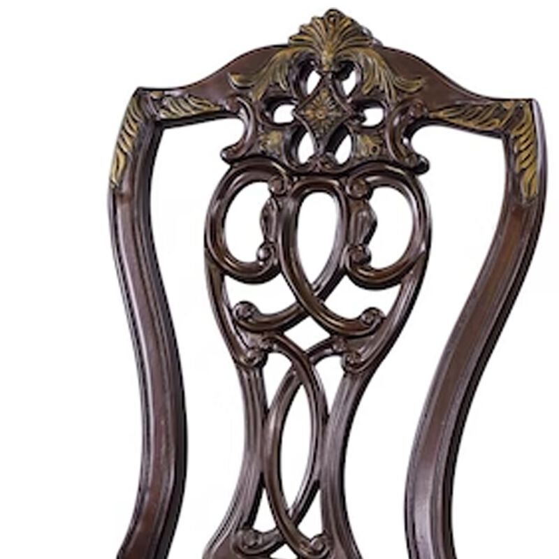 Fabric Upholstered Wooden Side Chair With Intricate Back, Set of 2 , Cherry Brown-Benzara