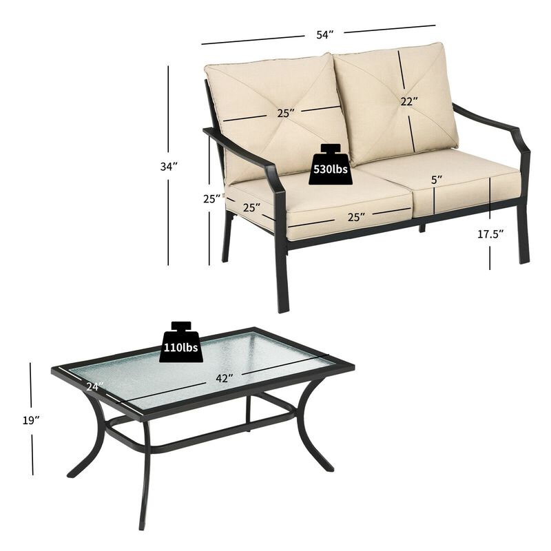 2-Piece Patio Outdoor Cushioned Sofa Bench with Coffee Table for Garden and Backyard Relaxation