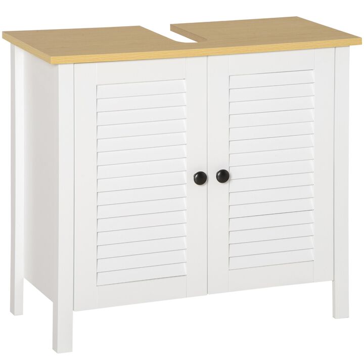 White Under-Sink Storage: Double Layer 2-Door Bathroom Floor Cabinet
