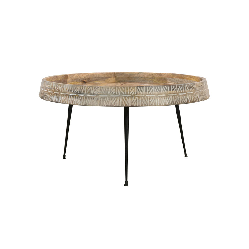 29 Inch Modern Handcrafted Round Coffee Table, Natural Brown Wood Top with Carved Edge, Black Iron Legs-Benzara
