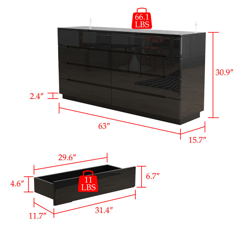 Black 8-Drawer 63 in. W Wood Double Dresser Chest of Drawers Bedroom Storage Organizer in With High Gloss and LED Lights
