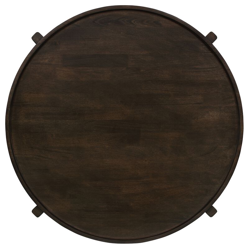 Katie Coffee Table, Round 38 Inch Top, Dark Brown Wood, Cross Beam Legs - Benzara