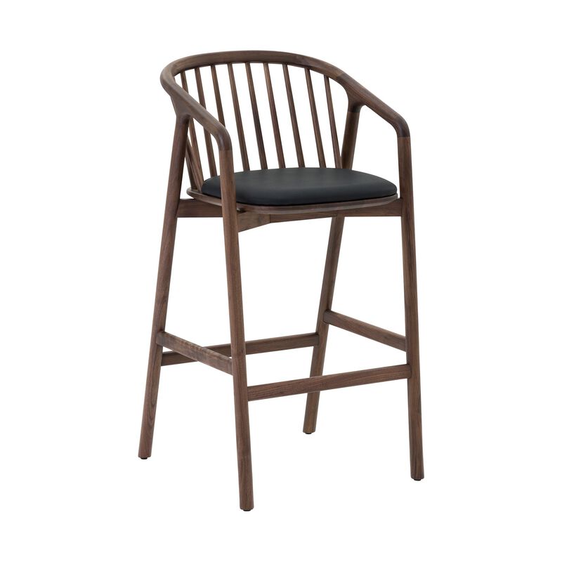 Rchy Barstool Chair, Curved Spindle Back, Black Faux Leather, Brown Wood - Benzara