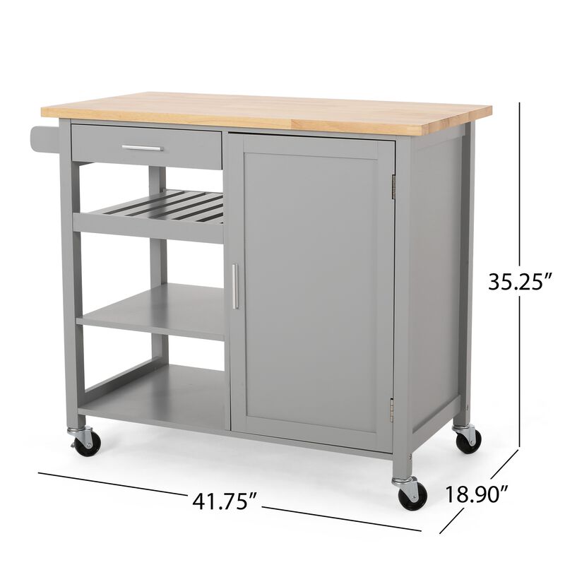 Alex Rolling Kitchen Bar Cart, 3 Shelves, 1 Cabinet, Brown Wood, Gray - Benzara