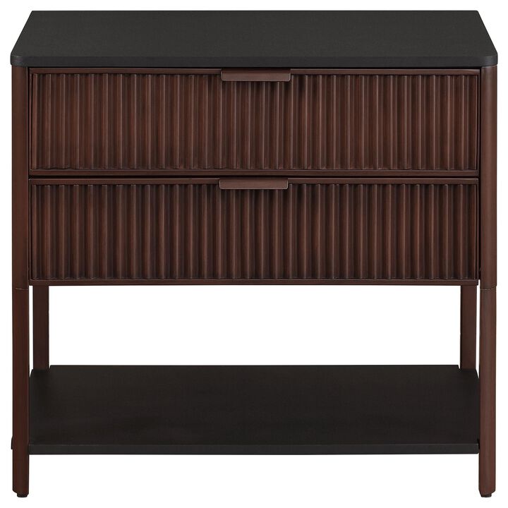 Zemy Side End Table, 2 Drawers, Open Shelf, Black Metal, Rust Brown - Benzara