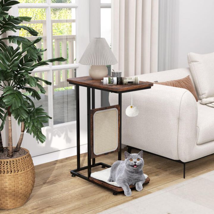Hivvago C- Shaped Cat Side Table Cat Tree with Scratching Board-Rustic Brown