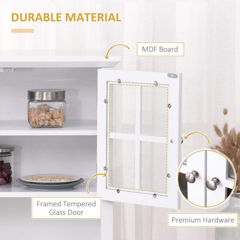White Kitchen Buffet: Freestanding Hutch with Glass Door and Drawer