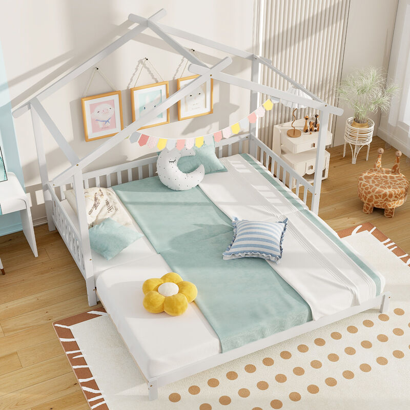 Extendable House Bed Daybed with Roof and Fence Rails